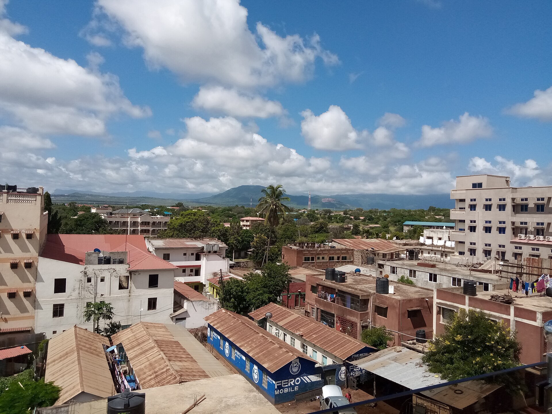 Rooftops of central Voi in Taita-Taveta County with the Taita Hills on the horizon.