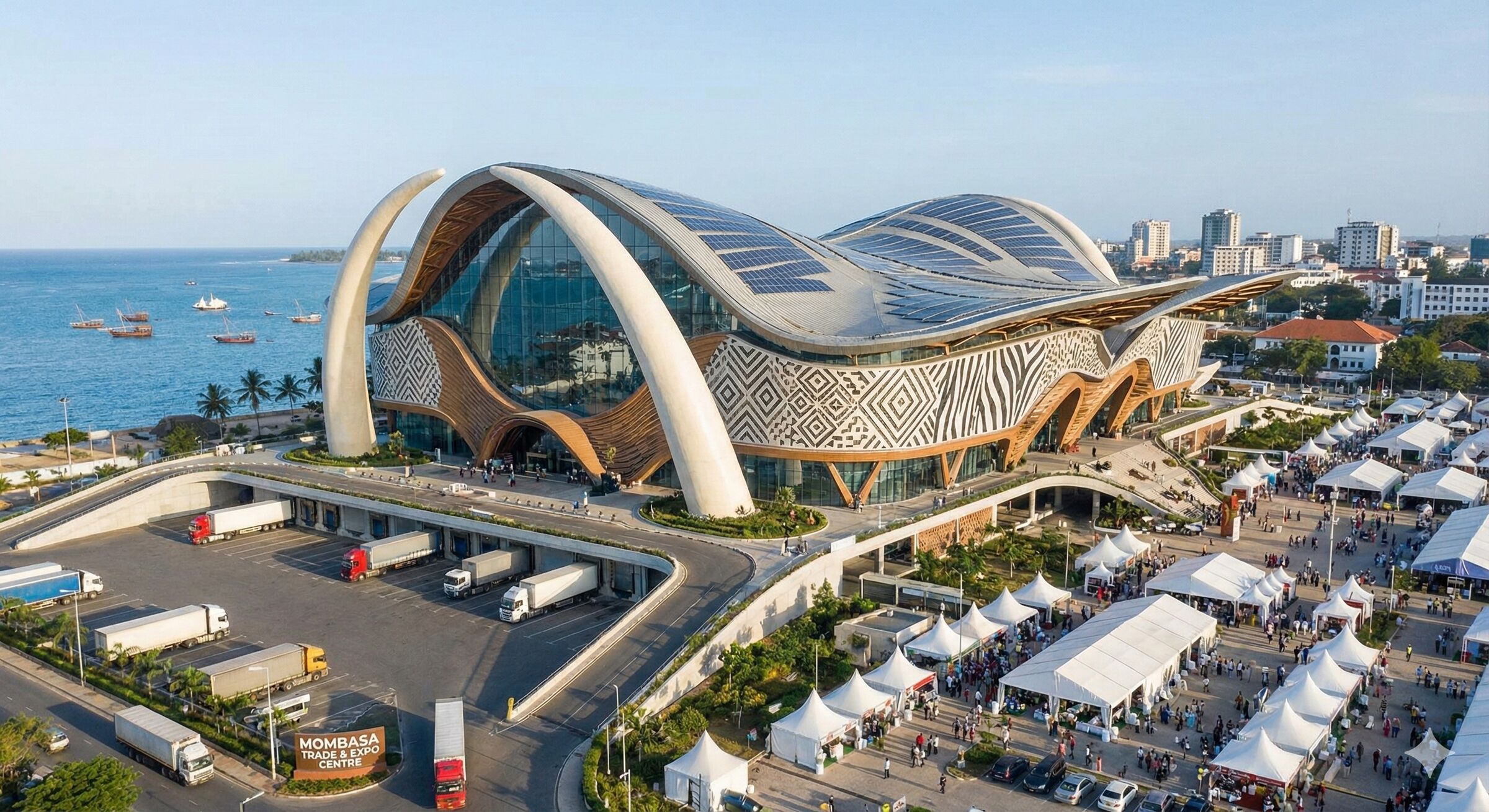 AI-generated concept illustration of a curving convention centre with tusk-shaped arches, a solar roof and zebra-patterned facade on the Mombasa waterfront, with exhibition tents and lorries in the foreground