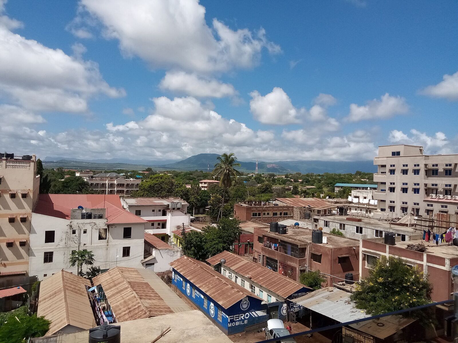 Rooftops of central Voi in Taita-Taveta County with the Taita Hills on the horizon.