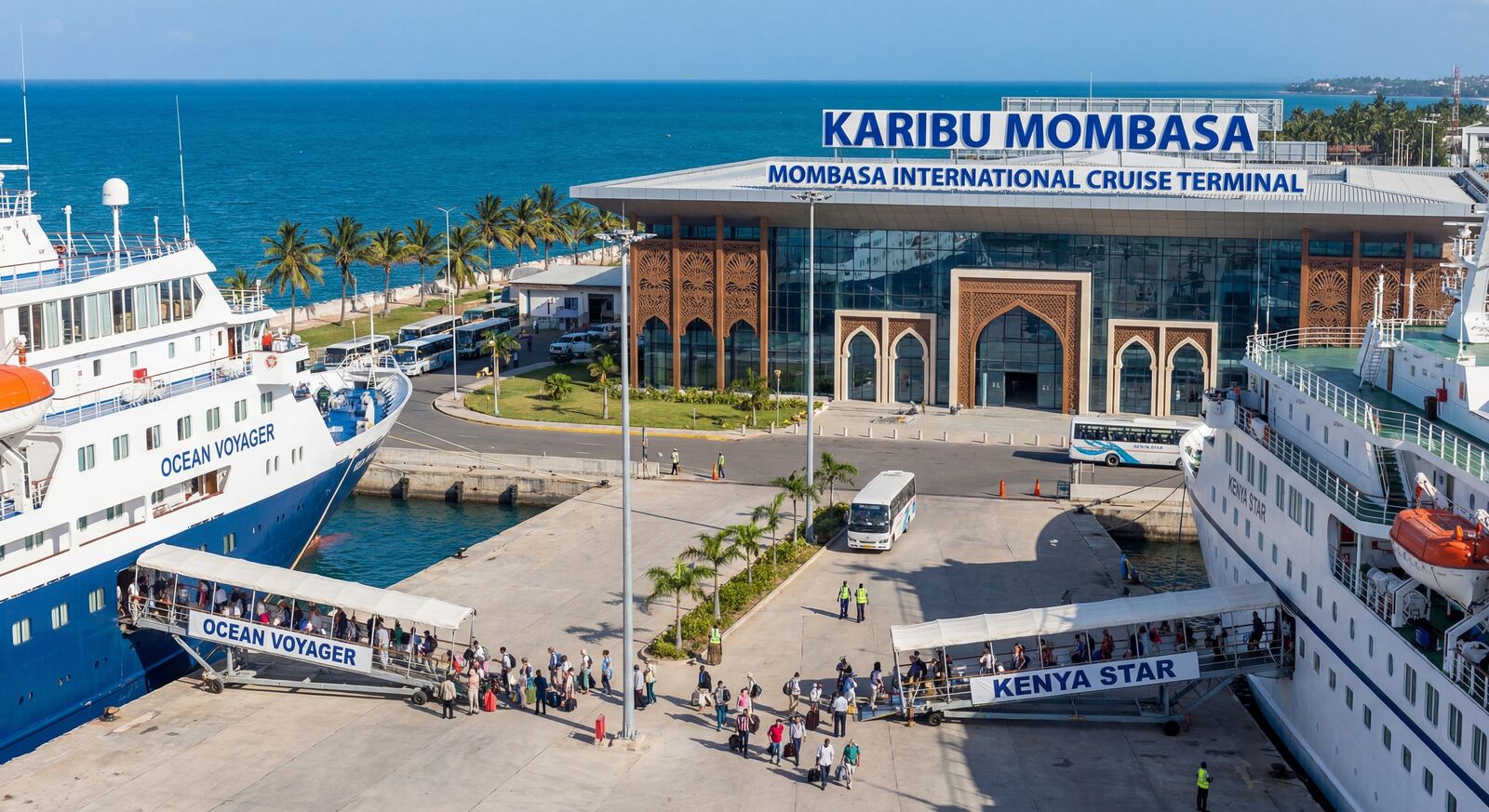 AI-generated concept illustration of a cruise terminal building with Swahili arches and a sign reading Karibu Mombasa, two cruise ships at the quay and passengers walking along covered gangways