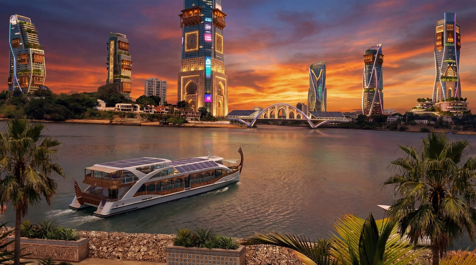 AI-generated concept illustration of a solar-roofed ferry on a creek at sunset with illuminated towers on the far shore